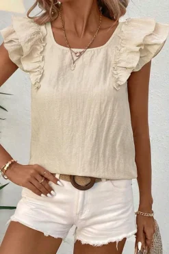 Discount Dear-Lover Textured Bow Knot Frilled Butterfly Sleeve Blouse Beige