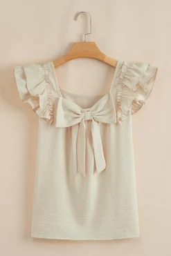 Discount Dear-Lover Textured Bow Knot Frilled Butterfly Sleeve Blouse Beige