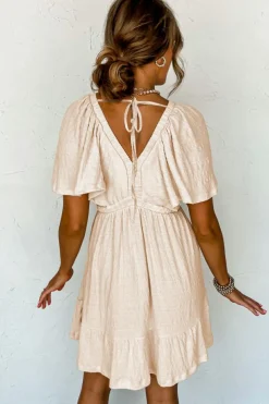 Best Dear-Lover Textured Deep V Neck Cutout Back Mini Dress Beige
