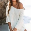 Discount Dear-Lover Textured Knit Drop Shoulder Short Sleeve Sweater Beige