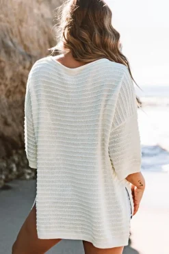 Discount Dear-Lover Textured Knit Drop Shoulder Short Sleeve Sweater Beige