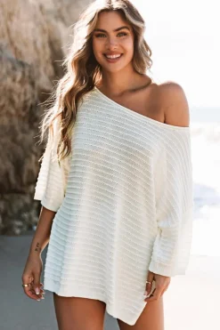 Discount Dear-Lover Textured Knit Drop Shoulder Short Sleeve Sweater Beige
