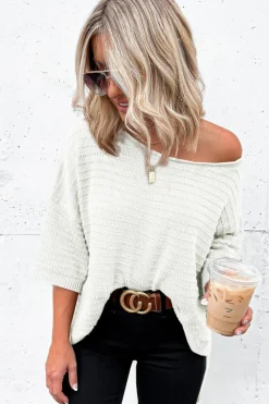 Discount Dear-Lover Textured Knit Drop Shoulder Short Sleeve Sweater Beige