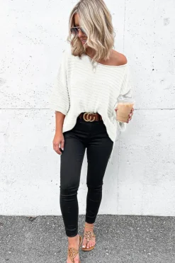 Discount Dear-Lover Textured Knit Drop Shoulder Short Sleeve Sweater Beige