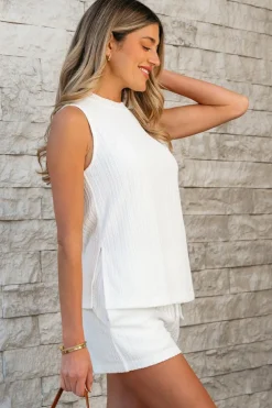 Sale Dear-Lover Textured Knit Tank Top and Drawstring Shorts Set Beige