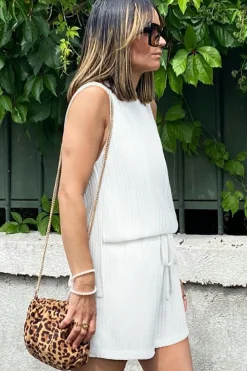 Sale Dear-Lover Textured Knit Tank Top and Drawstring Shorts Set Beige