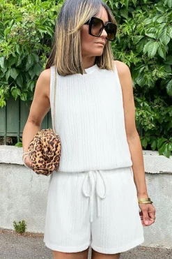 Sale Dear-Lover Textured Knit Tank Top and Drawstring Shorts Set Beige