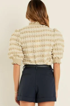 Best Dear-Lover Textured Mock Neck Short Sleeve Blouse Beige