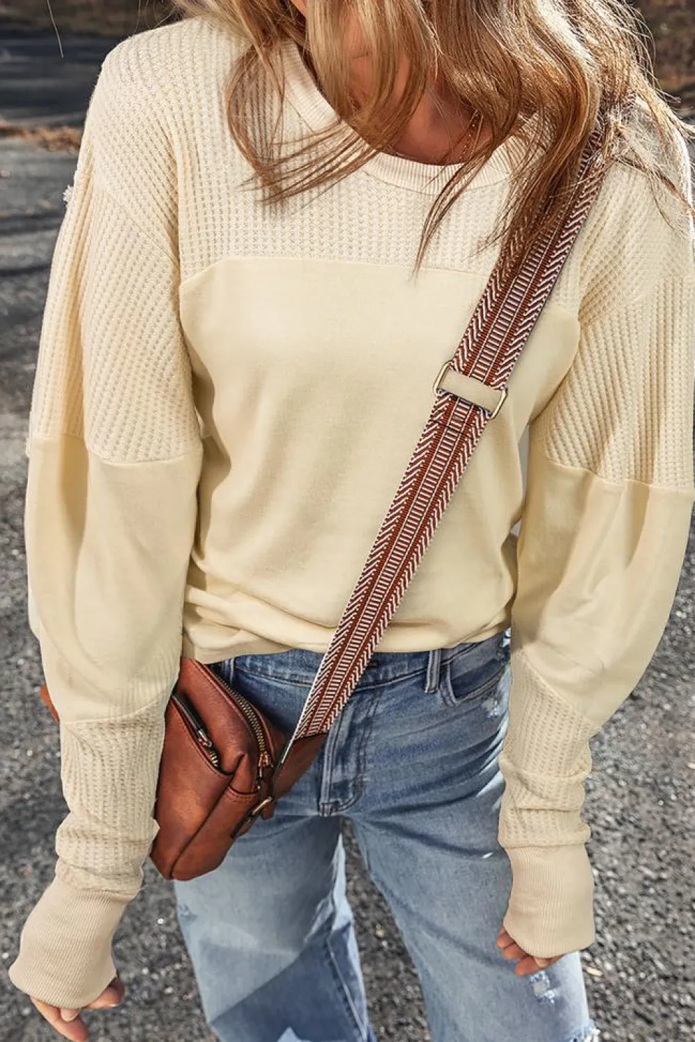 Online Dear-Lover Thermal Knit Patchwork Exposed Seam Long Sleeve Top Beige