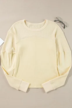 Online Dear-Lover Thermal Knit Patchwork Exposed Seam Long Sleeve Top Beige