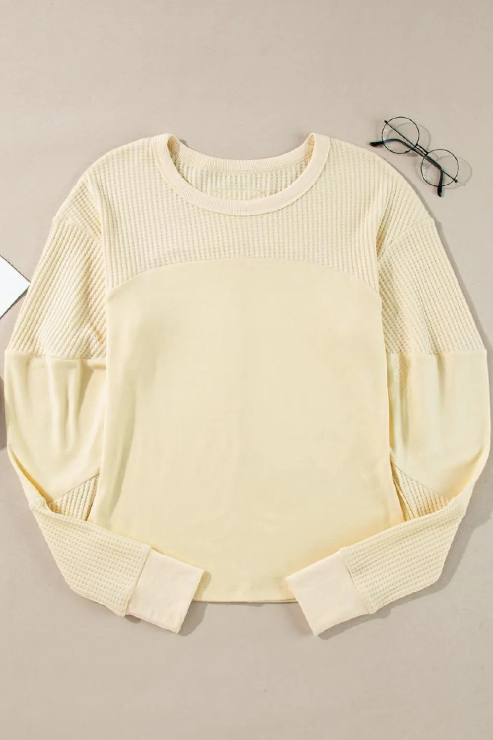 Online Dear-Lover Thermal Knit Patchwork Exposed Seam Long Sleeve Top Beige
