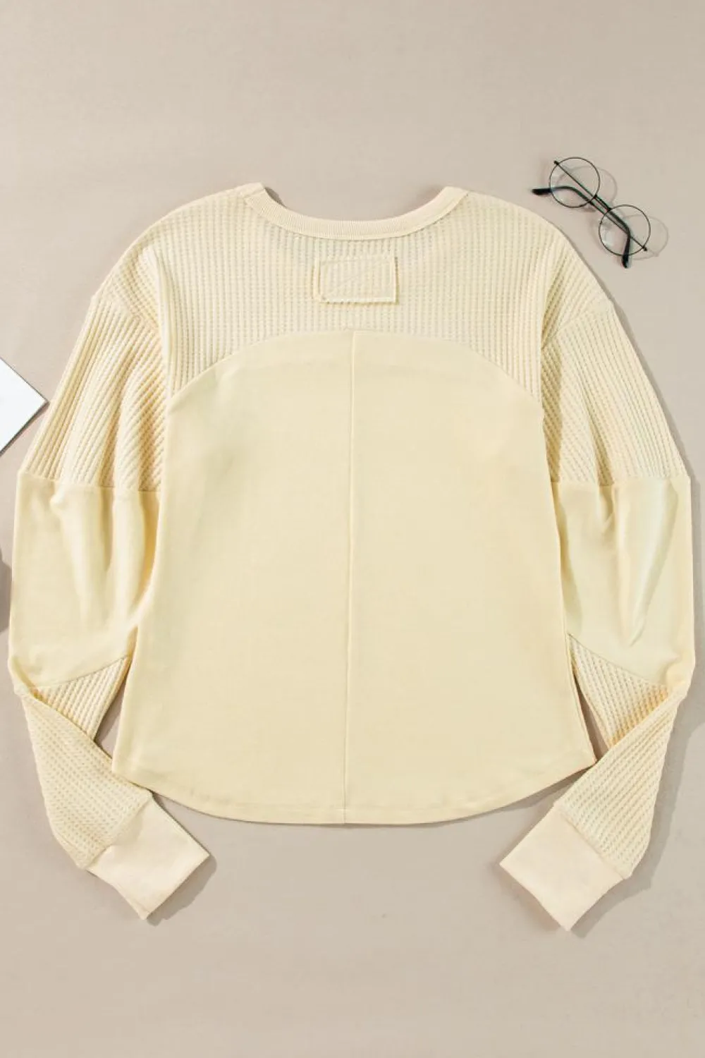 Online Dear-Lover Thermal Knit Patchwork Exposed Seam Long Sleeve Top Beige