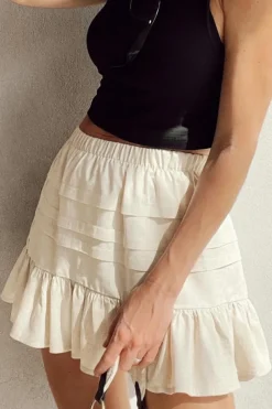 Outlet Dear-Lover Tiered Ruffled Hemline Elastic Waist Mini Skirt Beige