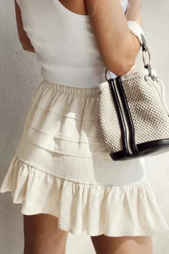 Outlet Dear-Lover Tiered Ruffled Hemline Elastic Waist Mini Skirt Beige