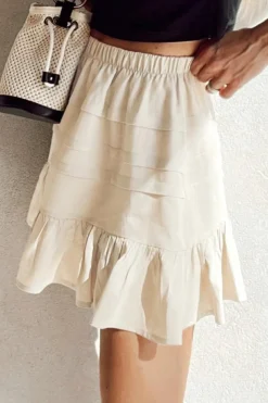 Outlet Dear-Lover Tiered Ruffled Hemline Elastic Waist Mini Skirt Beige