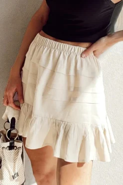 Outlet Dear-Lover Tiered Ruffled Hemline Elastic Waist Mini Skirt Beige