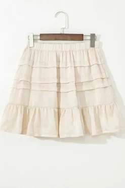 Outlet Dear-Lover Tiered Ruffled Hemline Elastic Waist Mini Skirt Beige