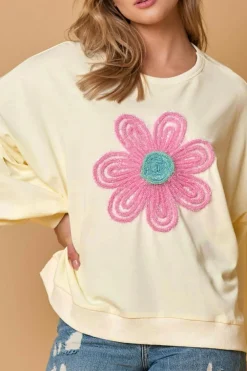 New Dear-Lover Tinsel Flower Dropped Puff Sleeve Sweatshirt Beige