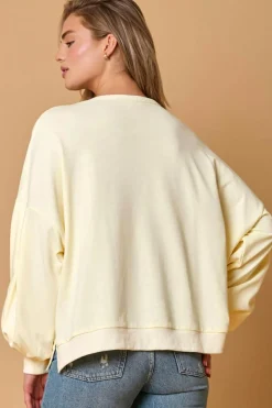 New Dear-Lover Tinsel Flower Dropped Puff Sleeve Sweatshirt Beige