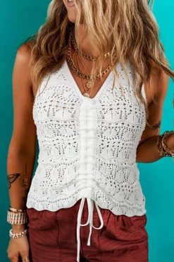 Hot Dear-Lover Trendy Hollowed Knit V Neck Drawstring Sweater Vest Beige