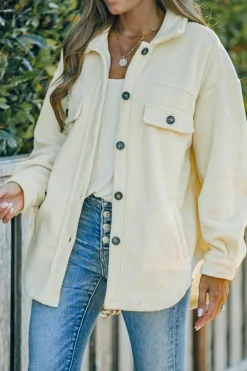 Clearance Dear-Lover Turn Down Collar Buttoned Shirt Jacket Beige