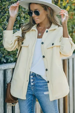 Clearance Dear-Lover Turn Down Collar Buttoned Shirt Jacket Beige