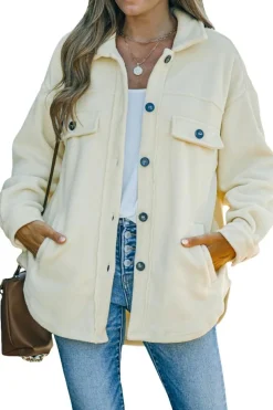 Clearance Dear-Lover Turn Down Collar Buttoned Shirt Jacket Beige