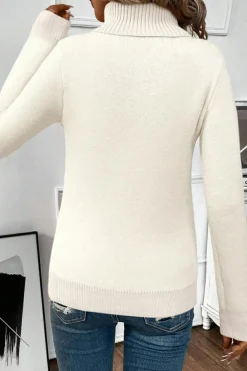 Sale Dear-Lover Turtleneck Fleece Lined Knit Sweater Beige