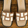 Sale Dear-Lover Two Tone Contrast PU Leather Square Toe Slippers Beige