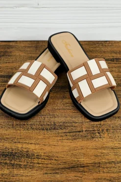 Sale Dear-Lover Two Tone Contrast PU Leather Square Toe Slippers Beige