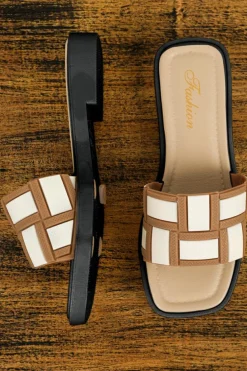 Sale Dear-Lover Two Tone Contrast PU Leather Square Toe Slippers Beige