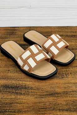 Sale Dear-Lover Two Tone Contrast PU Leather Square Toe Slippers Beige