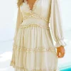 Sale Dear-Lover V Neck Ruffle Detailing Open Back Dress Beige