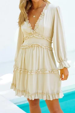 Sale Dear-Lover V Neck Ruffle Detailing Open Back Dress Beige