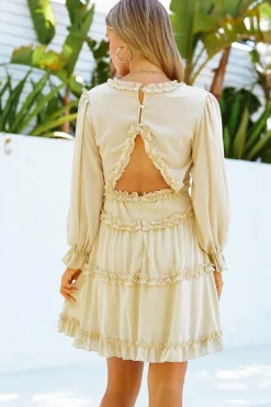 Sale Dear-Lover V Neck Ruffle Detailing Open Back Dress Beige