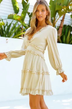 Sale Dear-Lover V Neck Ruffle Detailing Open Back Dress Beige