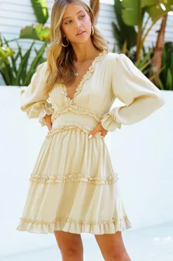 Sale Dear-Lover V Neck Ruffle Detailing Open Back Dress Beige