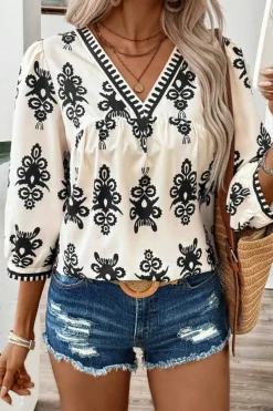 New Dear-Lover Vintage Geometric Printed 3/4 Sleeve V Neck Blouse Beige