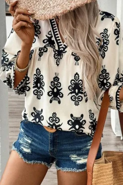 New Dear-Lover Vintage Geometric Printed 3/4 Sleeve V Neck Blouse Beige