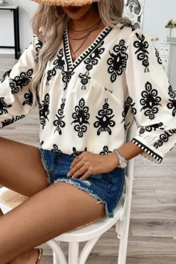 New Dear-Lover Vintage Geometric Printed 3/4 Sleeve V Neck Blouse Beige