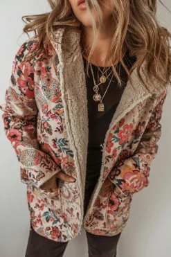 Discount Dear-Lover Vintage Paisley Floral Printed Sherpa Lined Hooded Jacket Beige