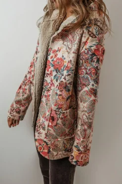 Discount Dear-Lover Vintage Paisley Floral Printed Sherpa Lined Hooded Jacket Beige