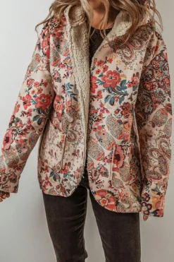 Discount Dear-Lover Vintage Paisley Floral Printed Sherpa Lined Hooded Jacket Beige