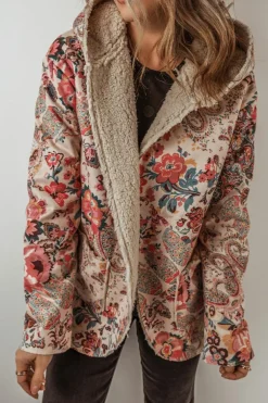 Discount Dear-Lover Vintage Paisley Floral Printed Sherpa Lined Hooded Jacket Beige