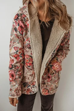 Discount Dear-Lover Vintage Paisley Floral Printed Sherpa Lined Hooded Jacket Beige