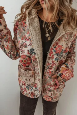 Discount Dear-Lover Vintage Paisley Floral Printed Sherpa Lined Hooded Jacket Beige