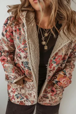 Discount Dear-Lover Vintage Paisley Floral Printed Sherpa Lined Hooded Jacket Beige