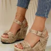 New Dear-Lover Vintage Printed Buckle Strap Studded Wedge Sandals Beige