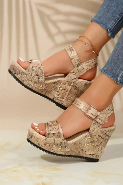 New Dear-Lover Vintage Printed Buckle Strap Studded Wedge Sandals Beige