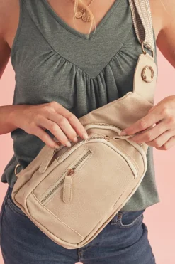 Fashion Dear-Lover Vintage PU Leather Zipped Crossbody Bag Beige